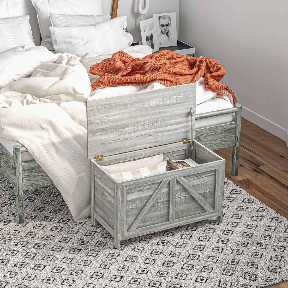 Homcom 30" Farmhouse Storage Chest, Lift Top Box Organizer With Safety Hinge To Open Up 100 For Bedroom, Entryway, Living Room, Gray Wood Grain Light Gray Particle Board
