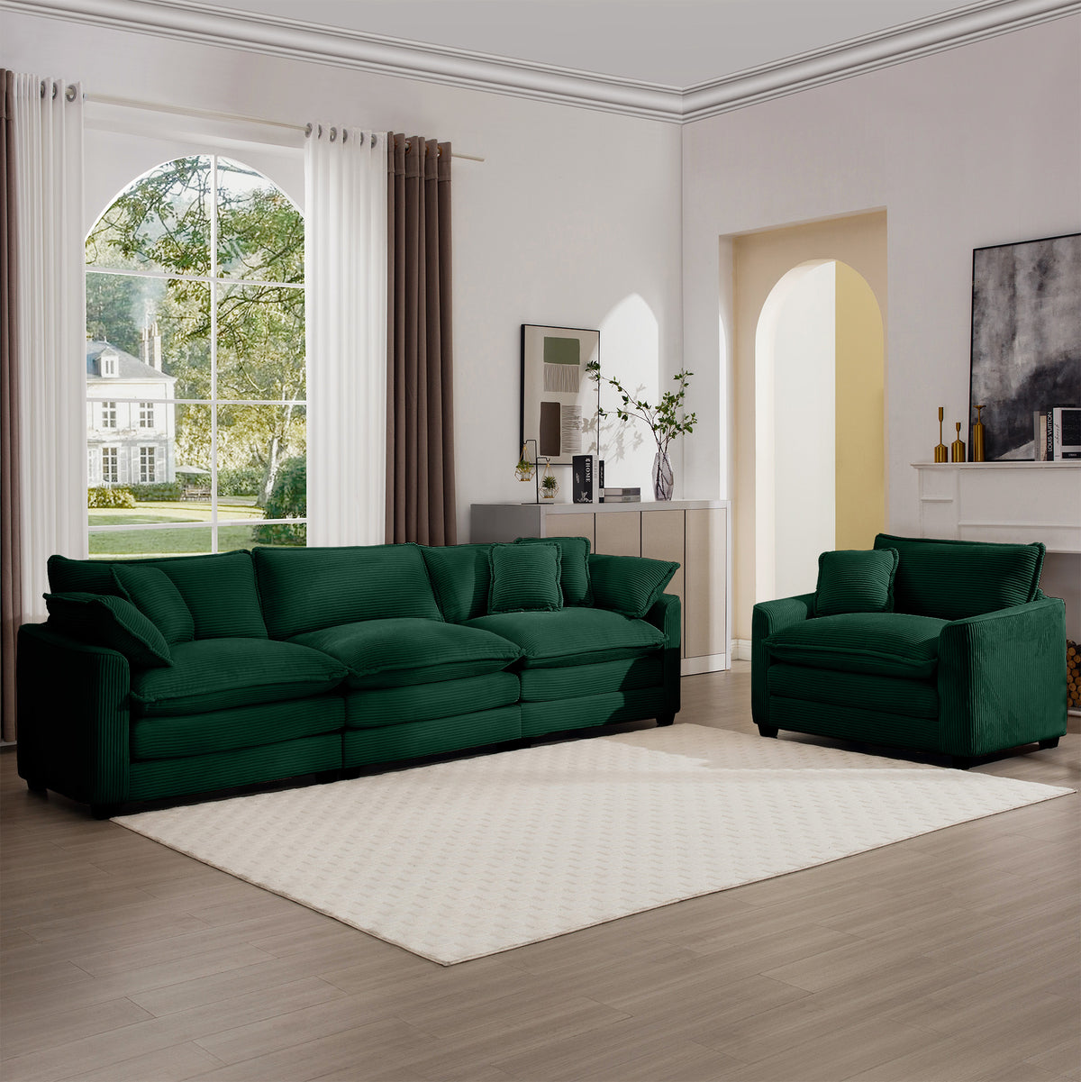 Mid Century Modern Sectional Set Of Two, One 3 Seater Sectional And One Single Seater Sectional With 2 Arm Pillows And 4 Throw Pillows, Living Room Sectional Green Corduroy Fabric Green Corduroy 3 Seat