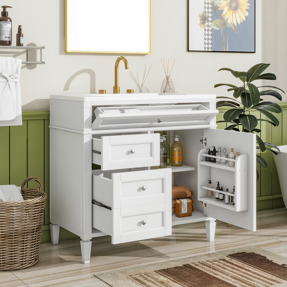 36'' Bathroom Vanity With Top Sink, Modern Bathroom Storage Cabinet With 2 Drawers And A Tip Out Drawer, Single Sink Bathroom Vanity White Bathroom Solid Wood Mdf Ceramic,Solid Wood Mdf