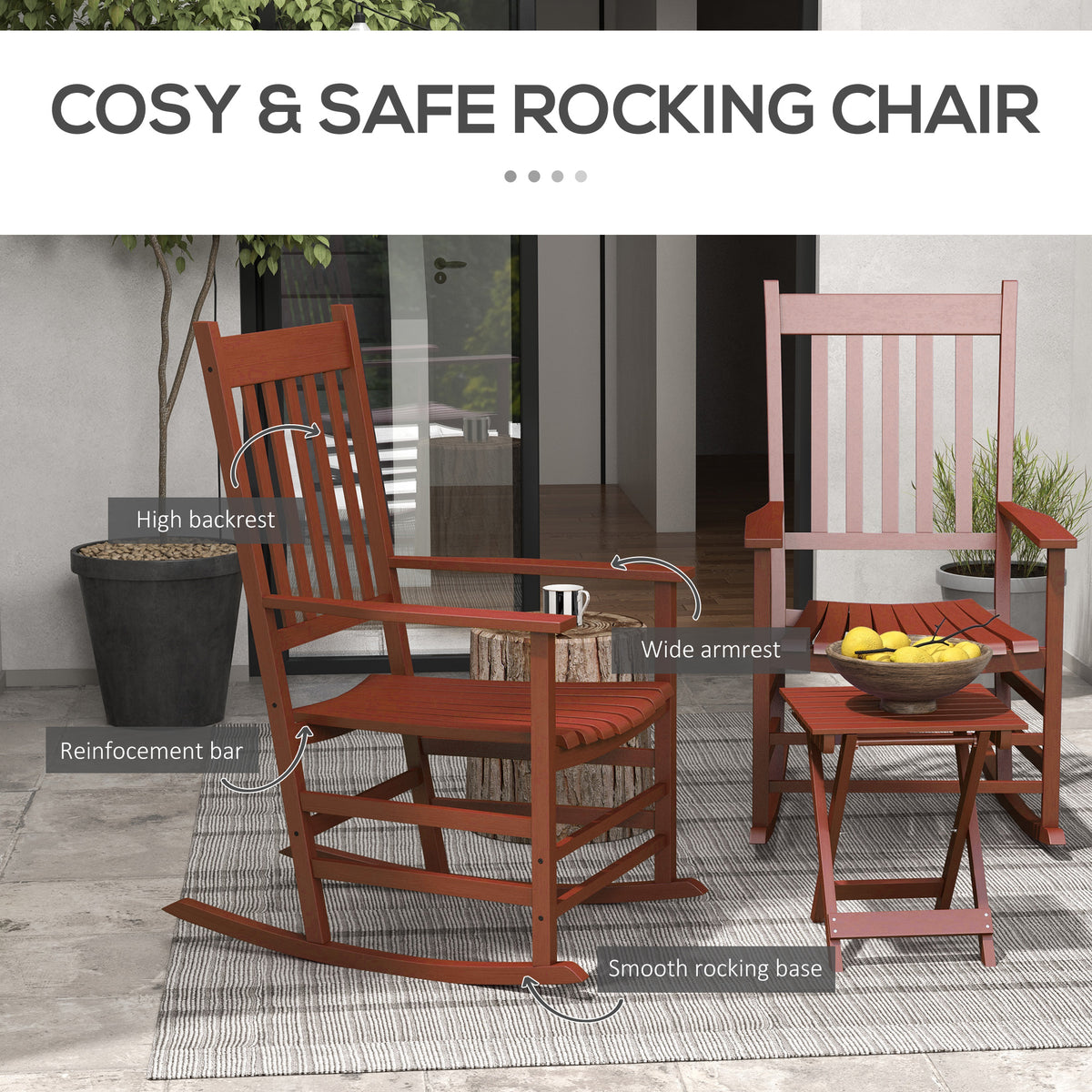 Outsunny Outdoor Rocking Chair Set Of 2 With Side Table, Patio Wooden Rocking Chair With Smooth Armrests, High Back For Garden, Balcony, Porch, Supports Up To 352 Lbs., Wine Red Red Wood