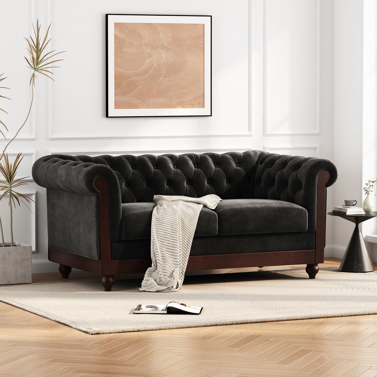 Vivalux 59.44" Chesterfield Velvet Loveseat Sofa,2 Person Rolled Arm Dutch Plush Upholstered Sofa Couch With Tufted Button For Living Room, Bedroom, Small Places,Black Black Espresso Velvet Wood Primary Living Space Soft Tufted Back Casual,Classic Pine