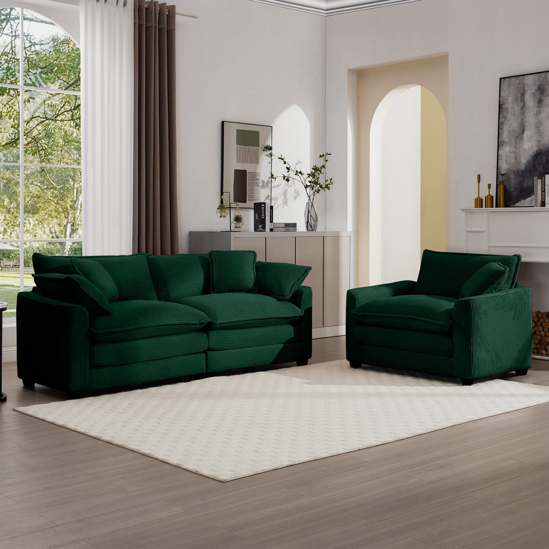 Mid Century Modern Sectional Set Of Two, One 3 Seater Sectional And One Single Seater Sectional With 2 Arm Pillows And 4 Throw Pillows, Living Room Sectional Green Corduroy Fabric Green Corduroy 3 Seat