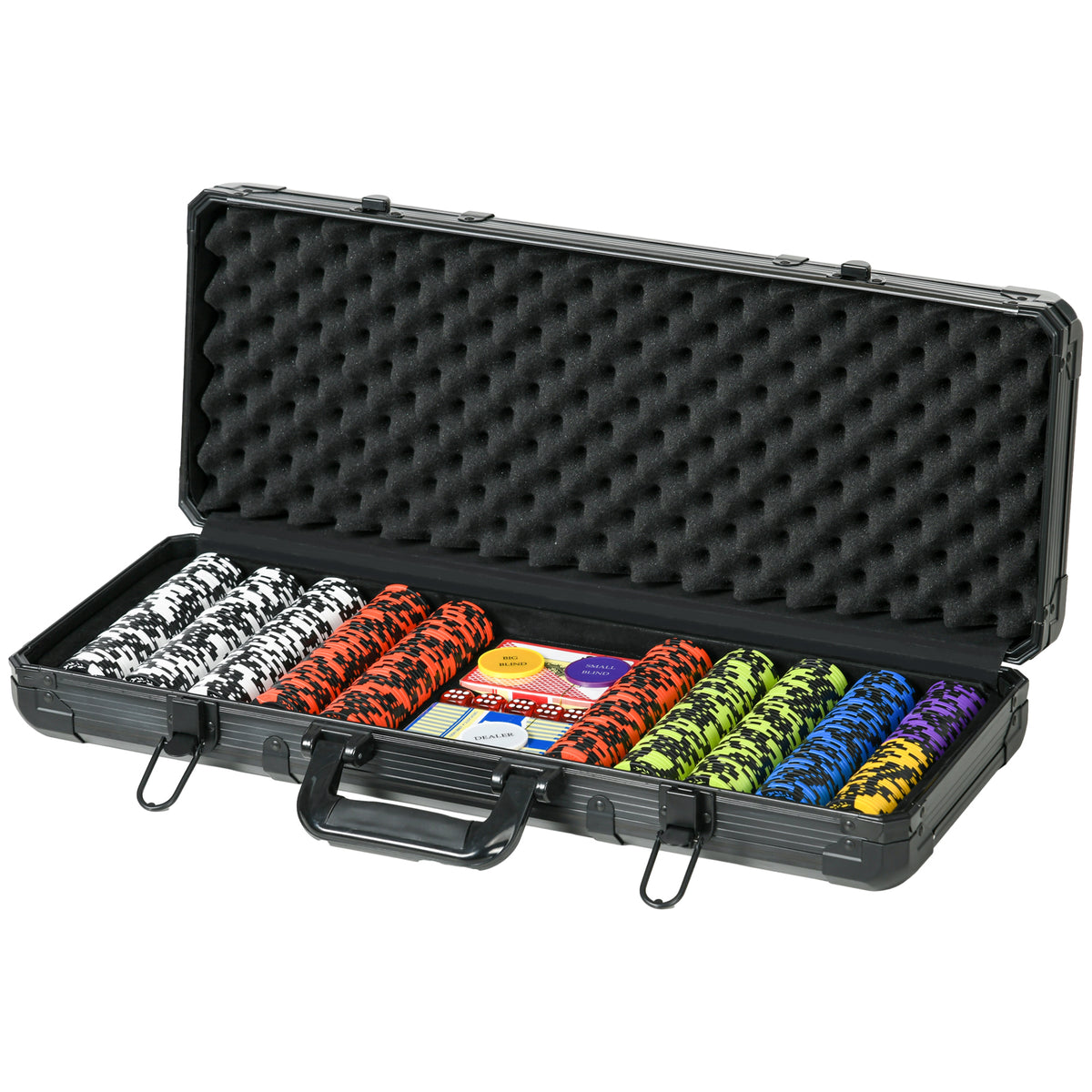 Soozier Poker Chip Set With 6 Denominations, 500 Chips, 14 Gram Clay, Casino Poker Chips With Aluminum Case, 2 Decks Of Playing Cards, Dealer Button & 5 Dice For Texas Hold'Em Black Aluminium