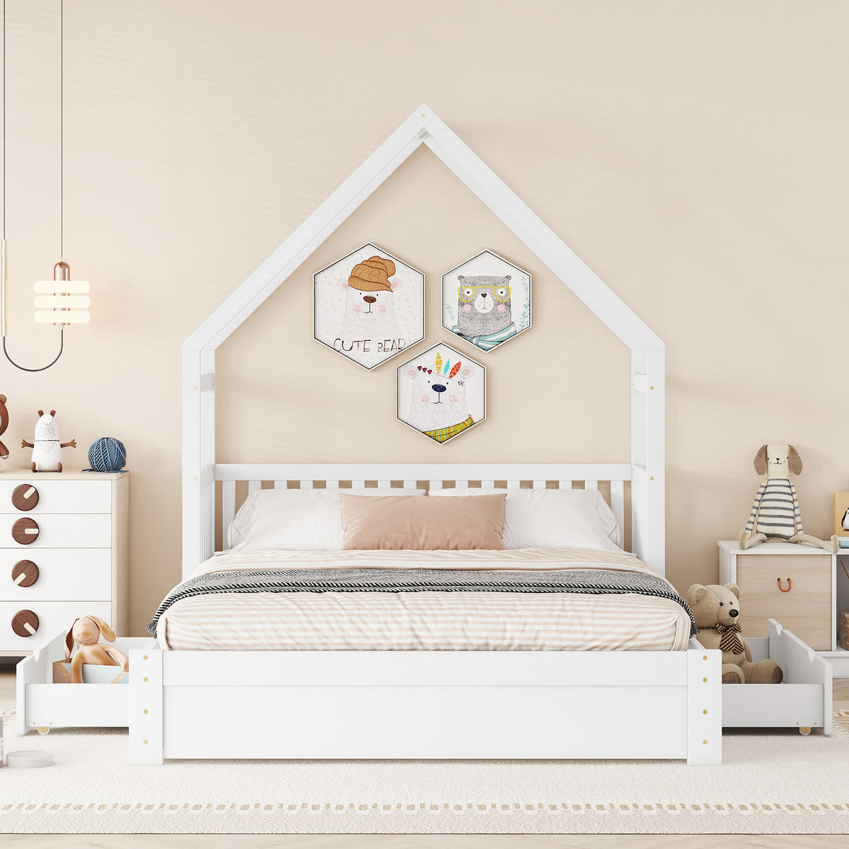 Wood Queen Size House Platform Bed With Guardrail And 2 Drawers, White Box Spring Not Required Queen White Wood Bedroom Bed Frame Solid Wood Mdf