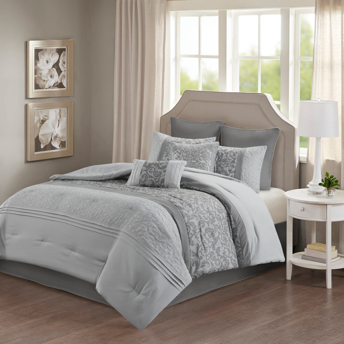 Embroidered 8 Piece Comforter Set Grey Cal King California King Grey Polyester