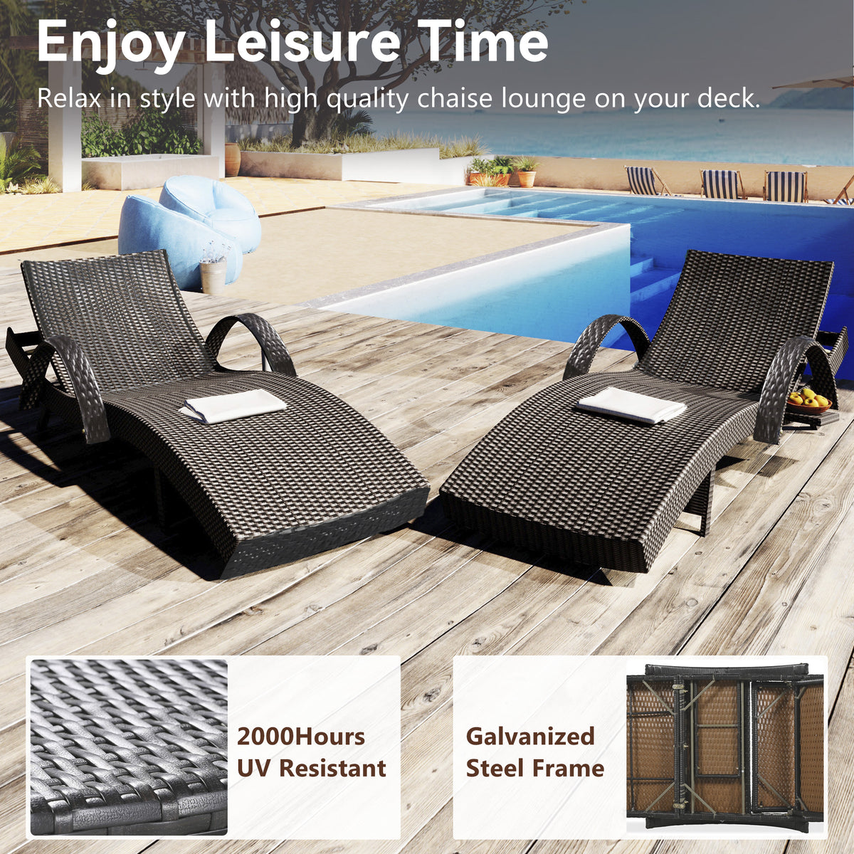 K&K 80'' Outdoor Wicker Chaise Lounge Chairs Set Of 2, Patio Rattan Reclining Chair Pull Out Side Table Adjustable Backrest Ergonomic Wave Design Pool Sunbathing Recliners, Dark Brown No Lounge Dark