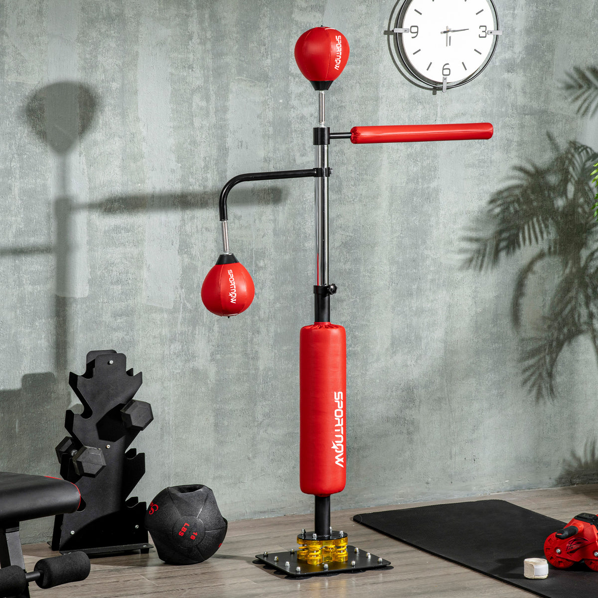 Soozier 4'7" 6'8" Boxing Bag Stand With Speed Bag And Reaction Bar Challenge, Reflex Bag Boxing Training Equipment With Suction Cups And Shock Absorbing System, Red Black Red Steel