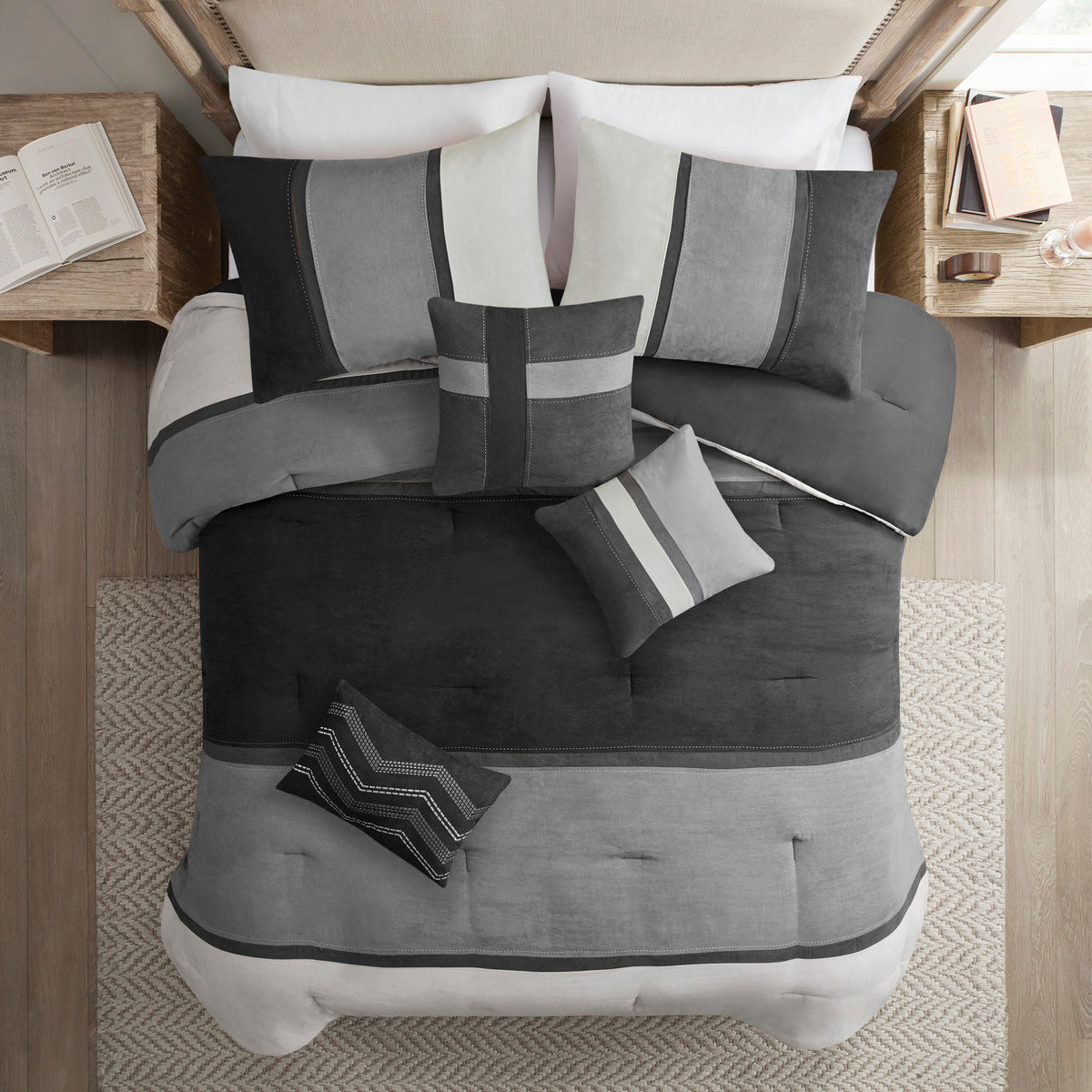 7 Piece Faux Suede Comforter Set Black Cal King California King Black Polyester