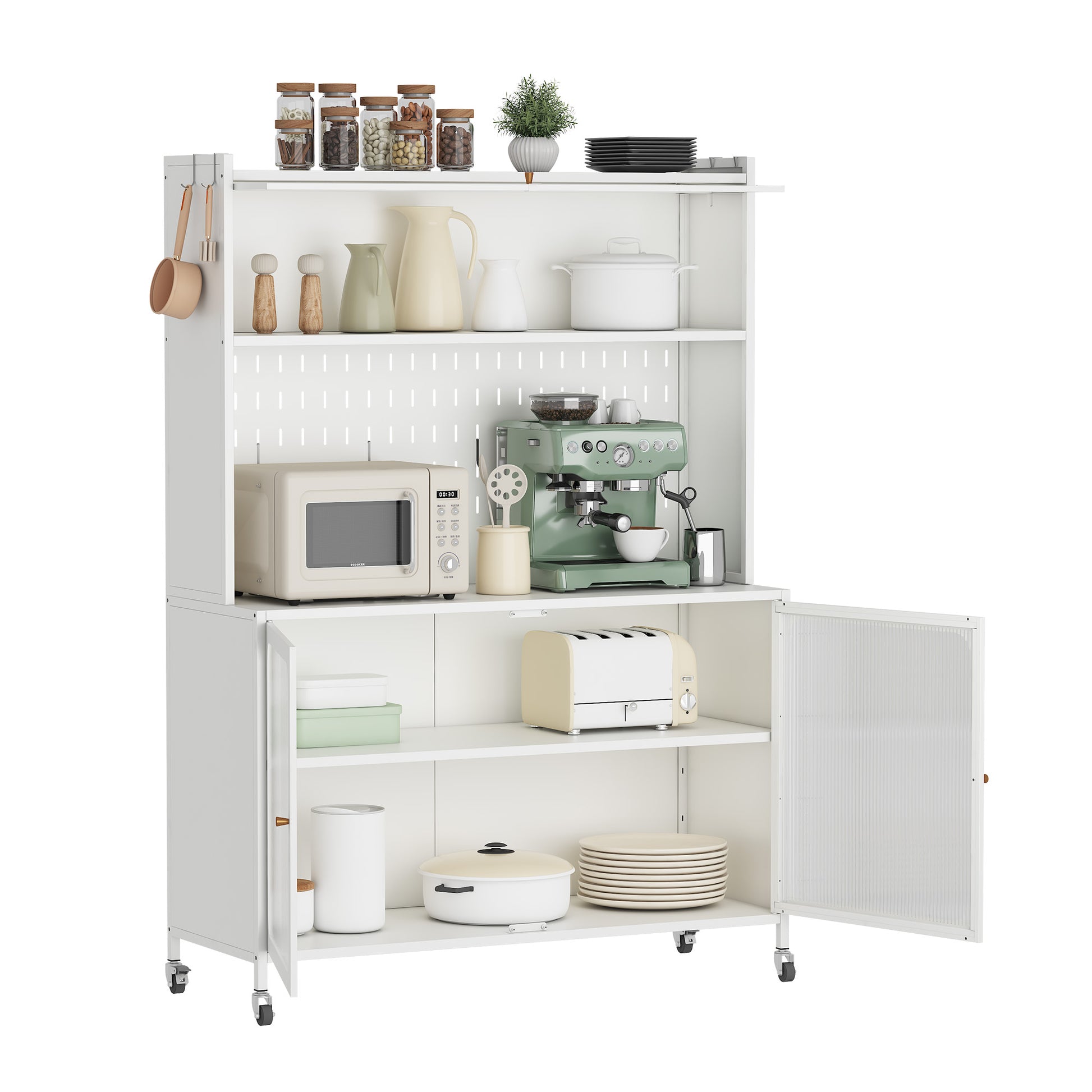 Kitchen Pantry Cabinet, Tall Storage Cabinet With Glass Doors & Adjustable Shelves, Cabinet Cupboard For Kitchen, Living Room, Dinning Room, White White Kitchen Modern Glass Doors Steel