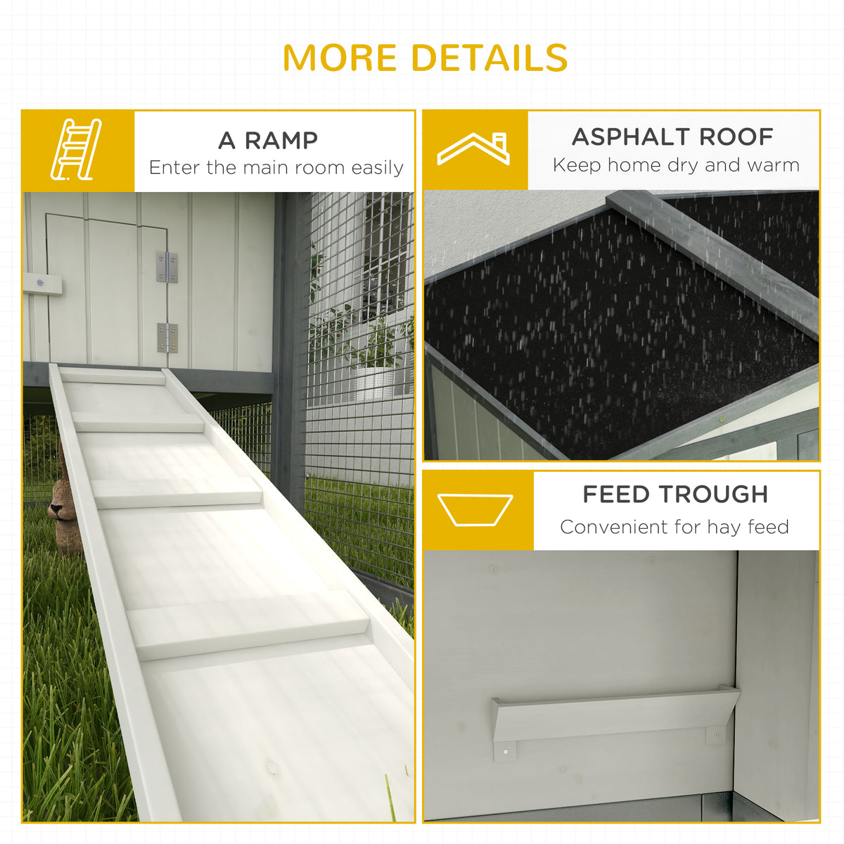 Pawhut Large Rabbit Hutch Outdoor, 2 Tier 61" L Rabbit Cage With Run Feeding Trough Wooden Guinea Pig Hutch With Removable Tray, Ramp, Asphalt Roof, For 1 2 Rabbits, White White Wood