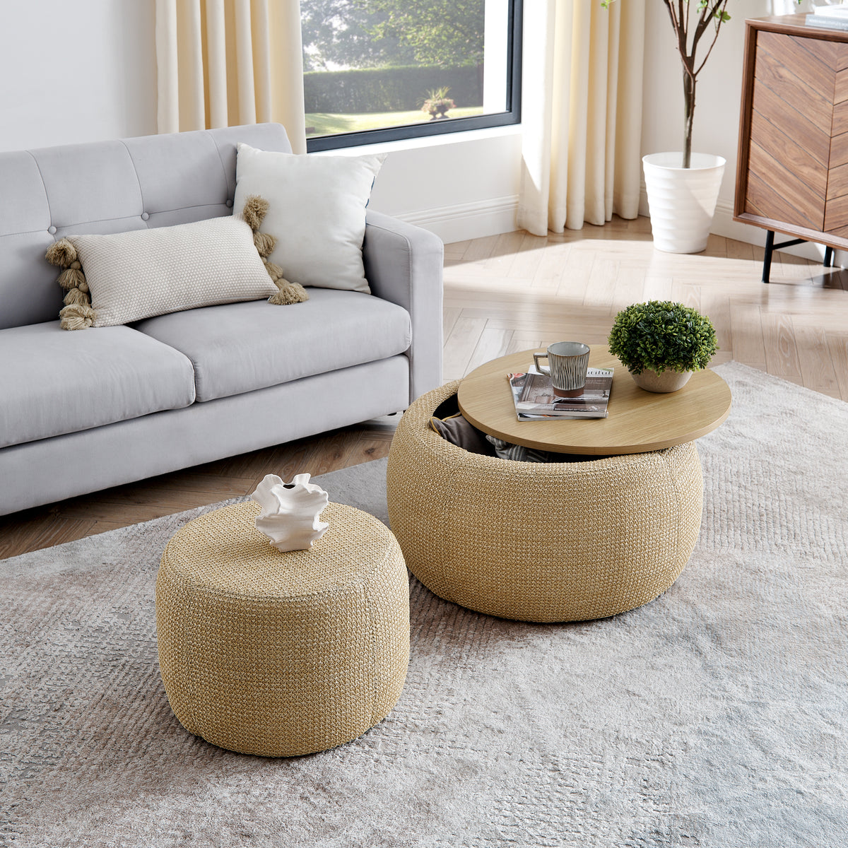 Round Storage Ottoman, Woven Rattan Fabric Ottoman, 2 In 1 Function, Work As End Table And Ottoman,With Small Seat Nature 25"X25"X14.7" Natural Foam