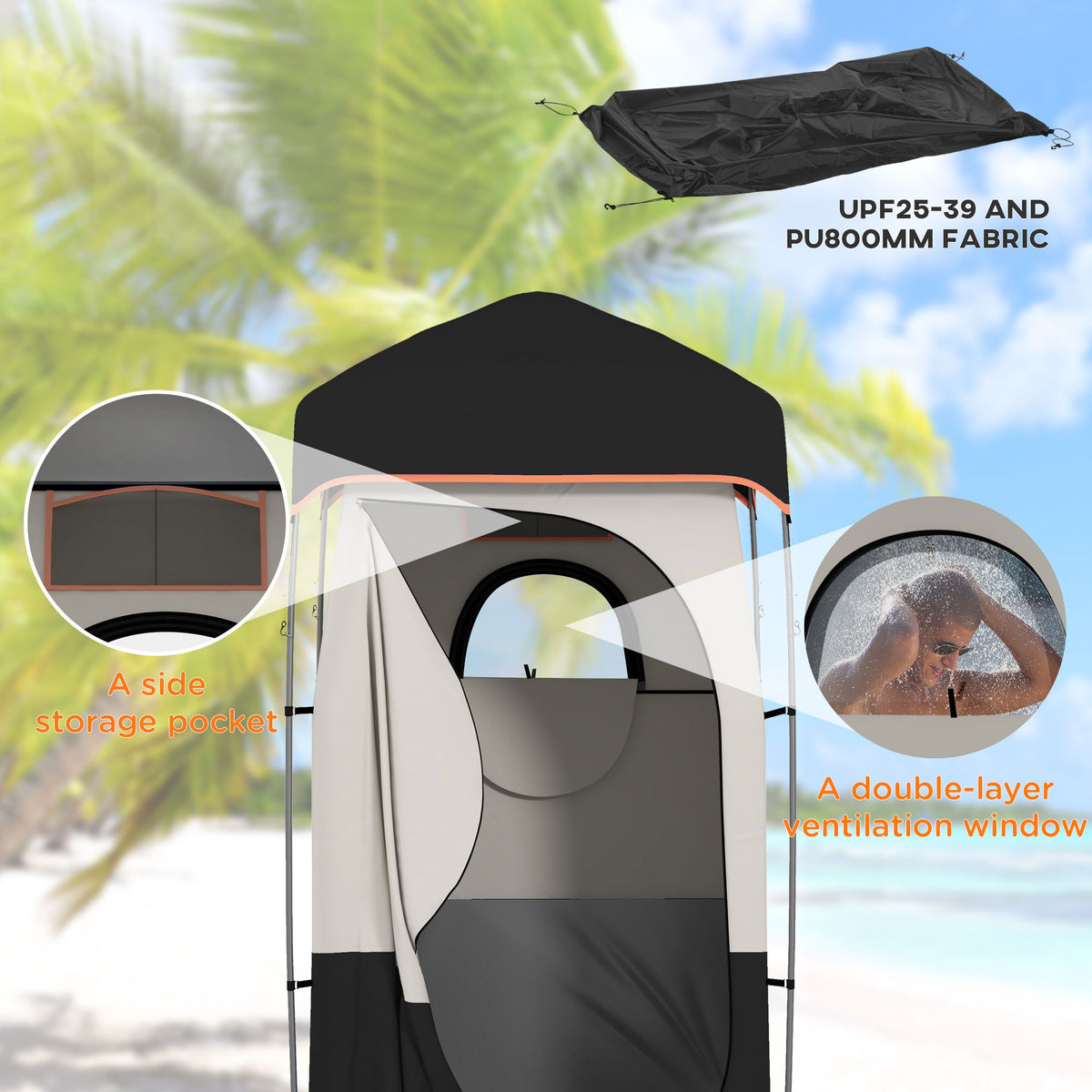 Outsunny Portable Shower Tent, Privacy Shelter, Camping Dressing Changing Tent Room With Solar Shower Bag, Floor And Carrying Bag, Black Black Oxford Fabric