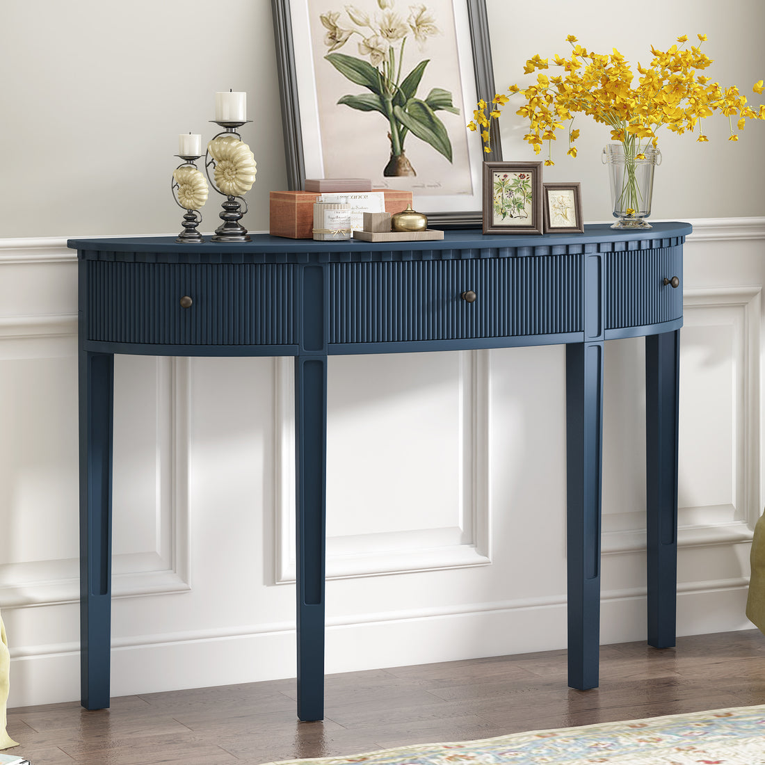 Distinctive Features Of Pine Veneer Console Table With Vertical Stripe Drawer Fronts And Four Legs Navy Blue Primary Living Space Minimalist Mdf