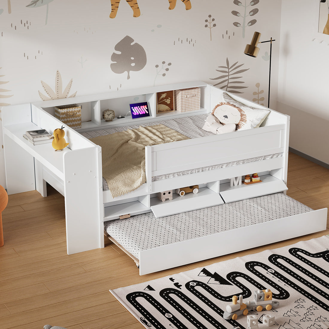 Multi Functional Twin Daybed With Drawers And Trundle, Headboard Storage And Tables, Usb Charging Station, White Box Spring Not Required Twin White Wood Daybeds Pine