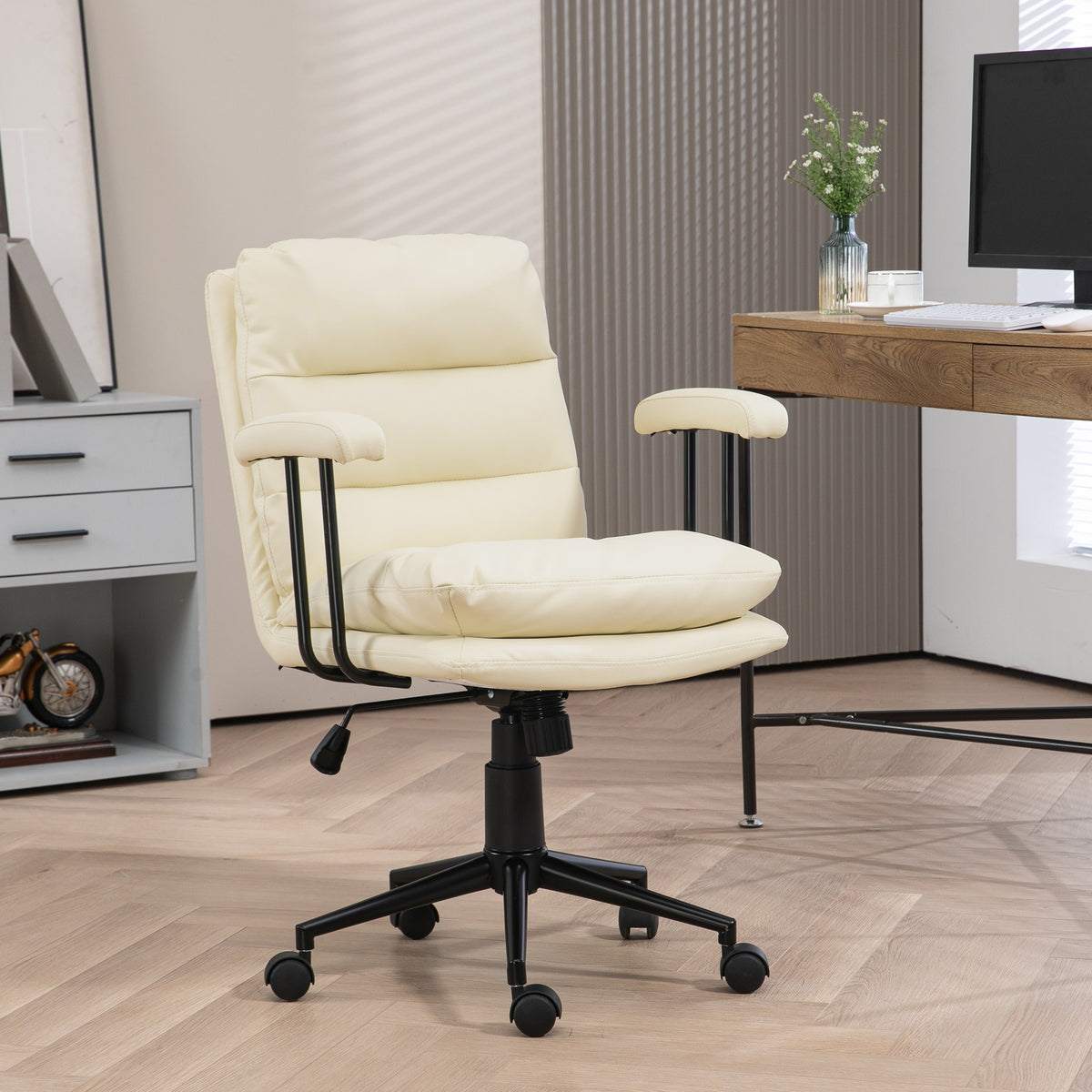 Homcom Pu Leather Office Chair, Office Desk Chair, Task Computer Chair With Swivel Wheels, Adjustable Height, Double Tier Padded, Beige Beige Faux Leather
