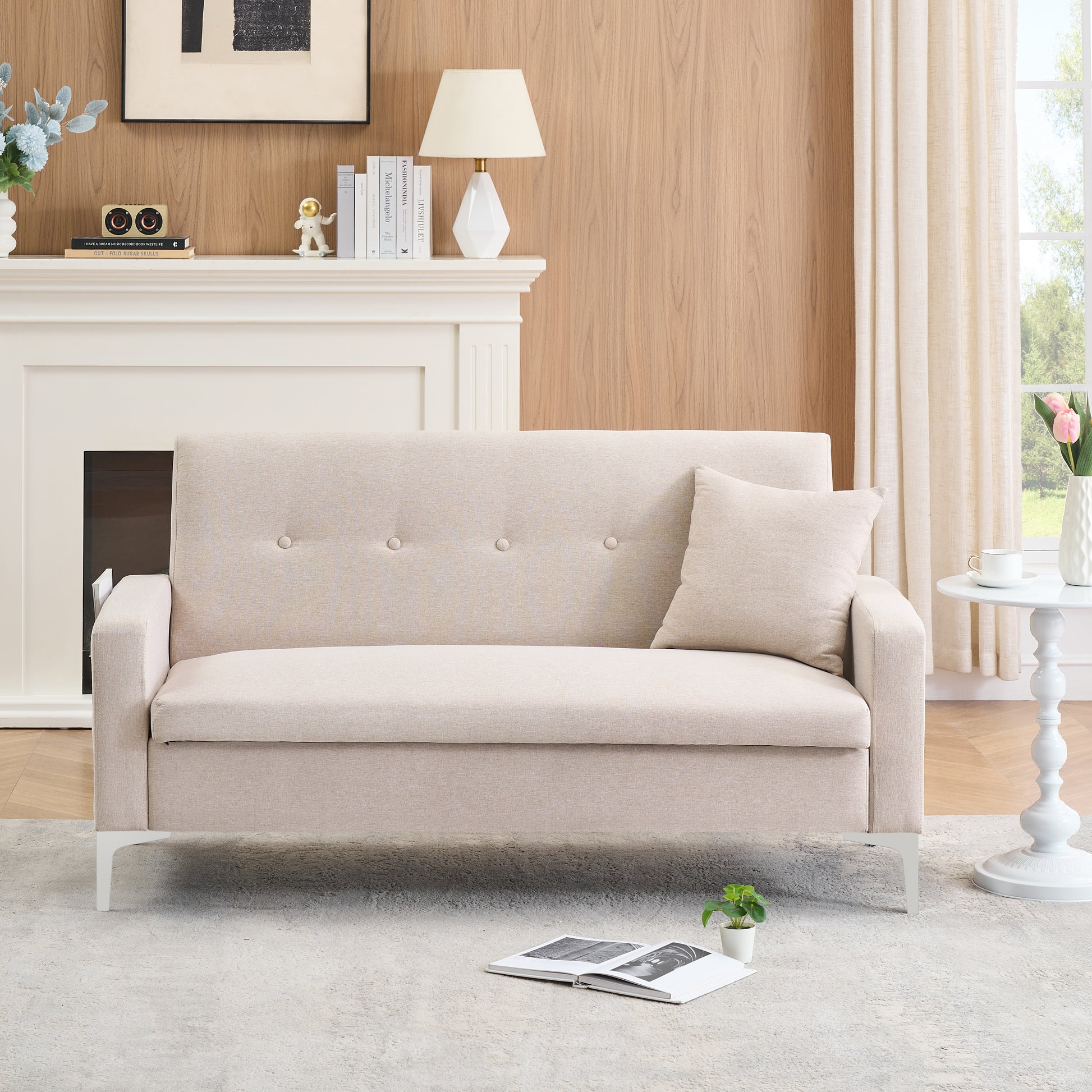 Multi Functional Storage Comfortable Double Sofa,Suitable For Living Room, Apartment, Home Office Beige Suede Wood Primary Living Space Eucalyptus Square Arms Foam Fabric 2 Seat