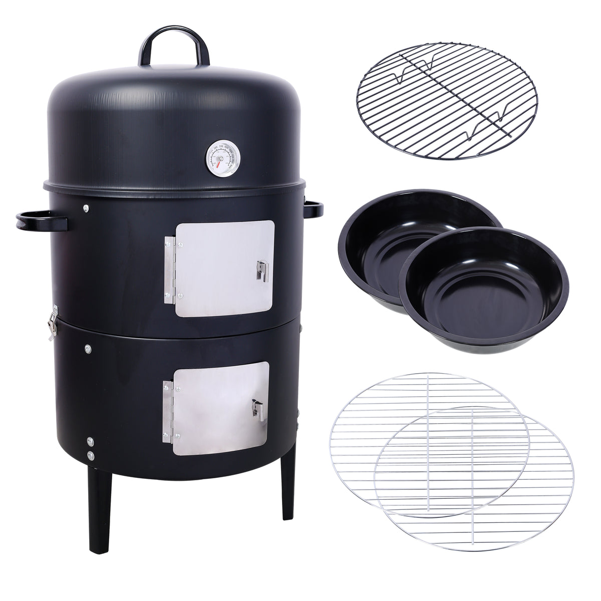 17 Inch Steel Charcoal Smoker, Heavy Duty Round Bbq Grill For Outdoor Cooking, Black Black Steel