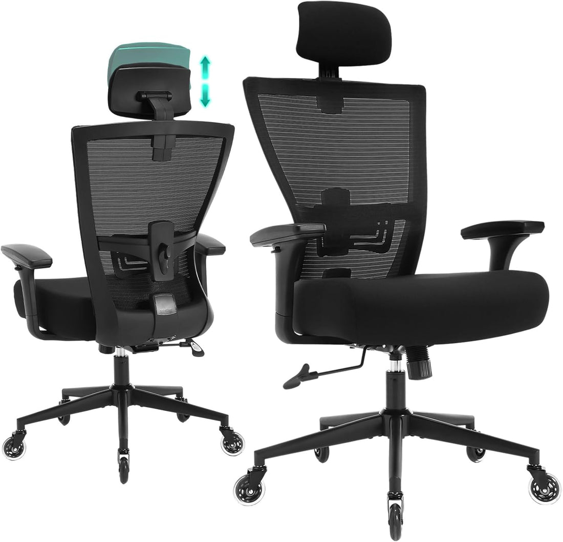 Big And Tall Office Chair 500Lbs Ergonomic Office Chair For Heavy People With 3D Armrest, Quiet Rubber Wheels, Adjustable Lumbar Support And Headrest Heavy Duty Metal Base Mesh Chair Nylon Black