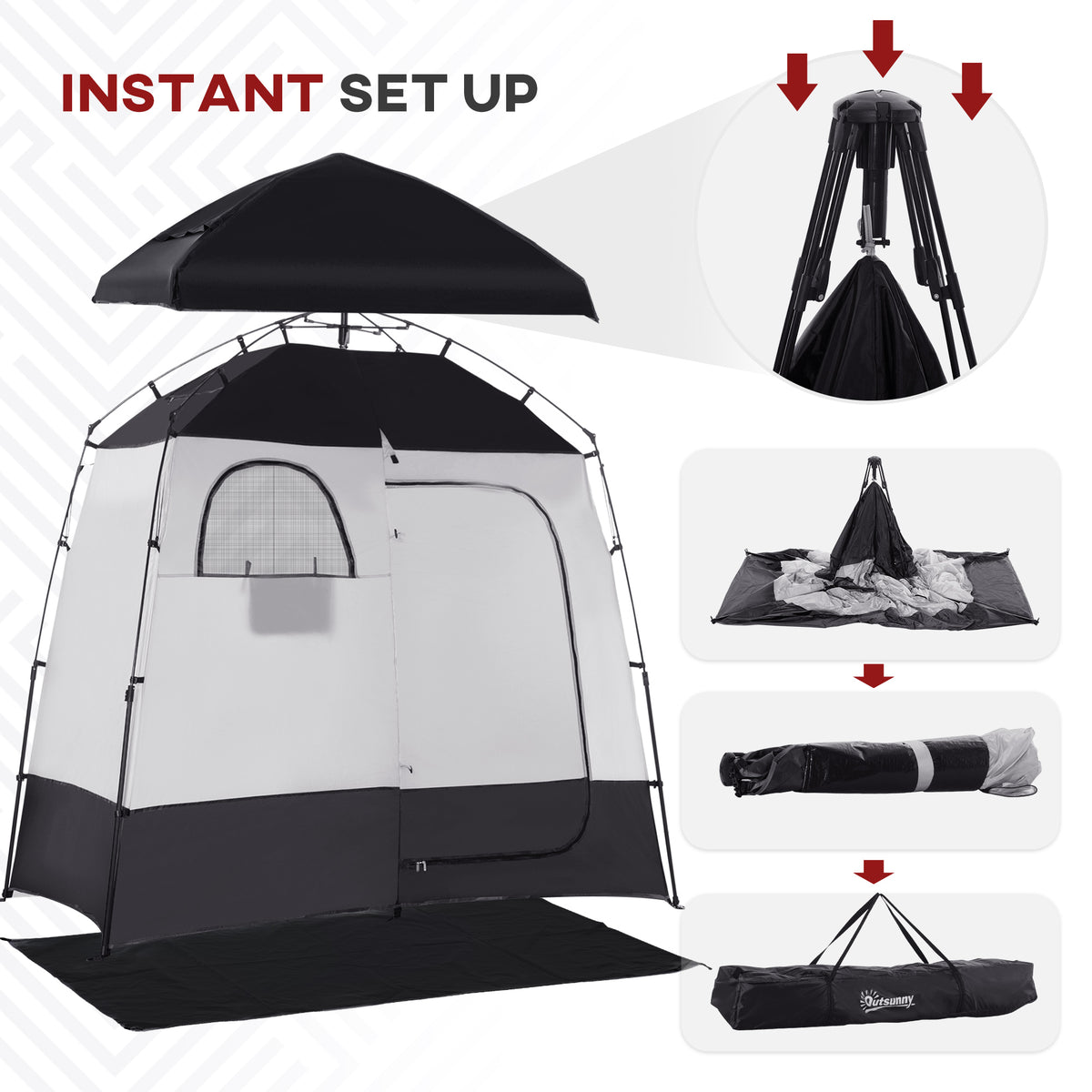 Outsunny Shower Tent, Pop Up Privacy Shelter For Camping, Dressing Changing Room, Portable Instant Outdoor Shower Tent Enclosure W 2 Rooms, Shower Bag, Floor And Carrying Bag, Black Black Taffeta