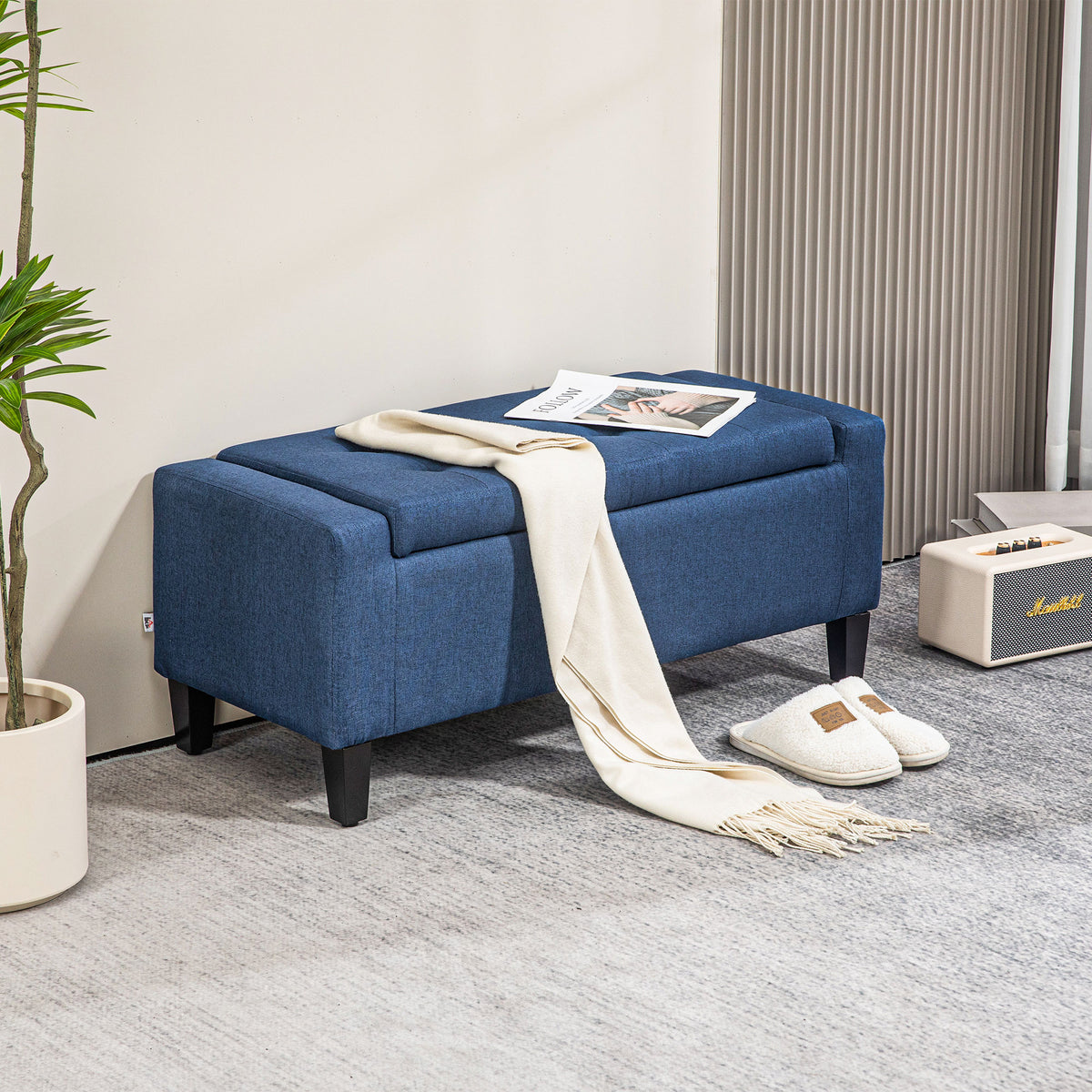 Homcom Storage Ottoman, Linen Upholstered Storage Bench With Lift Top And Button Tufted For Living Room, Dark Blue Blue Polyester