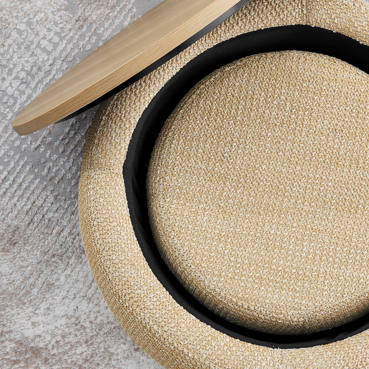 Round Storage Ottoman, Woven Rattan Fabric Ottoman, 2 In 1 Function, Work As End Table And Ottoman,With Small Seat Nature 25"X25"X14.7" Natural Foam