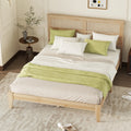 Queen Size Rubber Wooden, Solid Wooden Bed With Rattan Headboard, Enhanced By Support Feet Queen Natural American Design Rubber Wood