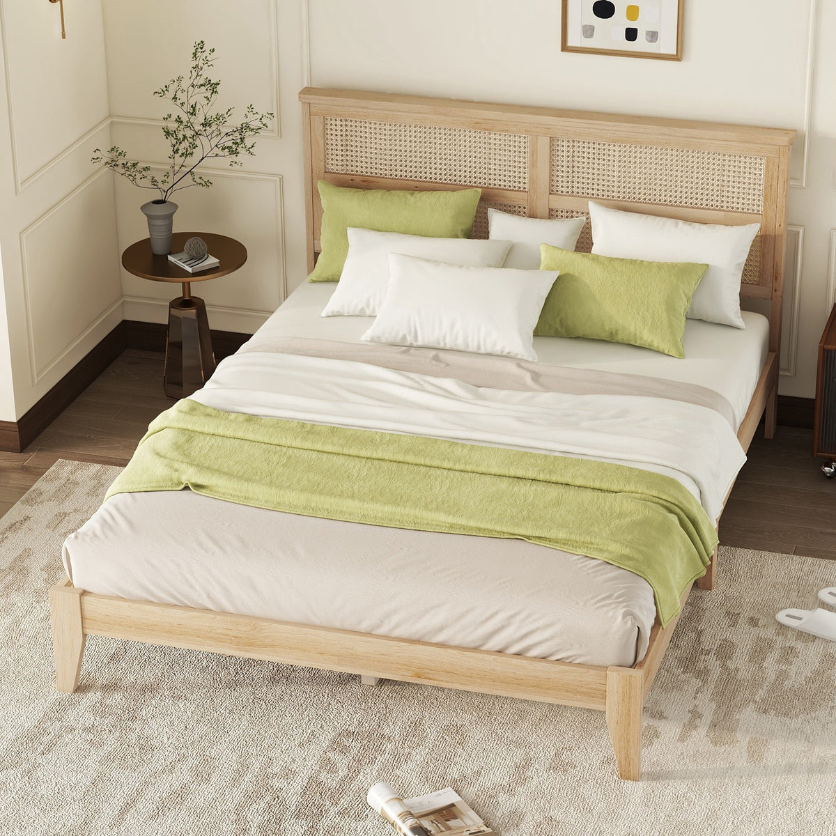 Queen Size Rubber Wooden, Solid Wooden Bed With Rattan Headboard, Enhanced By Support Feet Queen Natural American Design Rubber Wood