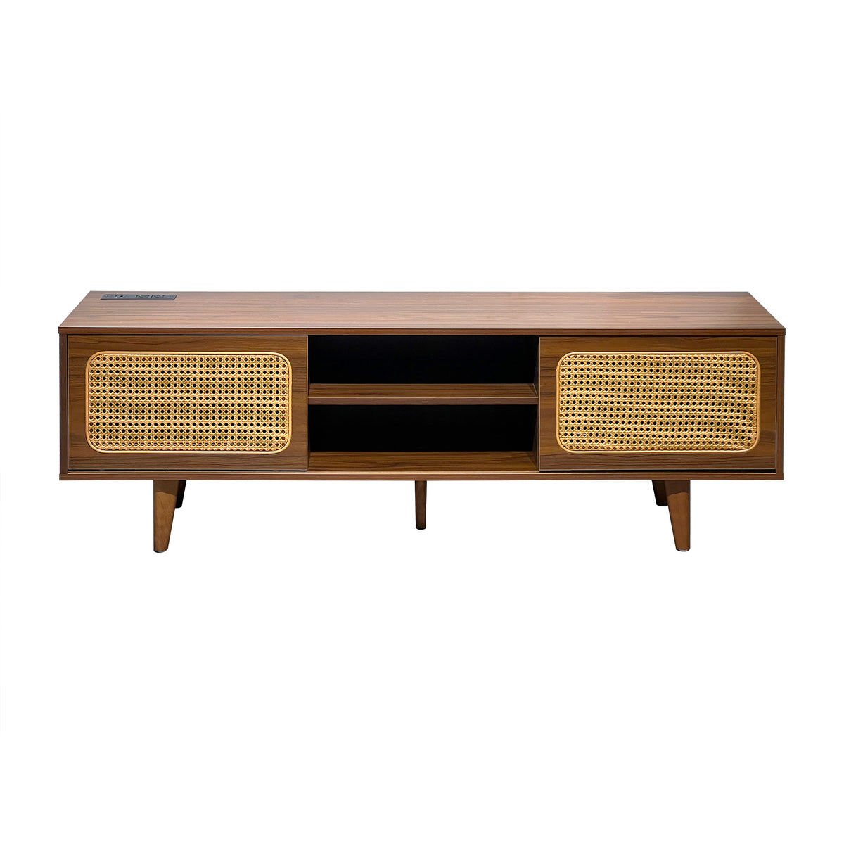 Mid Century Modern Rattan Tv Stand For 55 60 65 Inch Tventertainment Cabinet, Media Console For Living Room Bedroom Media Room, Solid Wood Feet & Rattan Cabinet Doors Walnut, 59" Black Brown Brown
