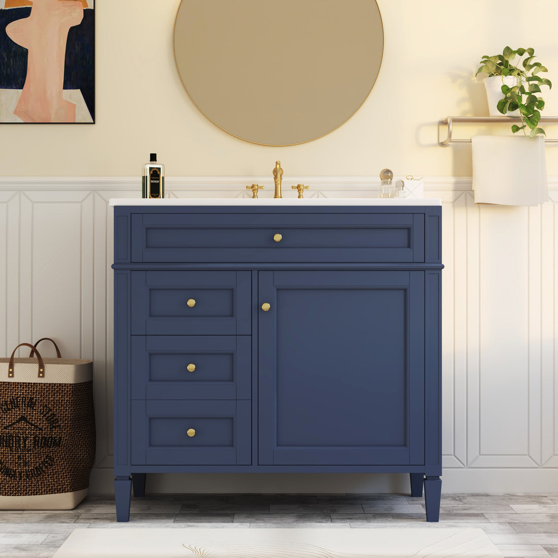 36'' Bathroom Vanity With Top Sink, Modern Bathroom Storage Cabinet With 2 Drawers And A Tip Out Drawer, Single Sink Bathroom Vanity Blue Bathroom Solid Wood Mdf Ceramic,Solid Wood Mdf