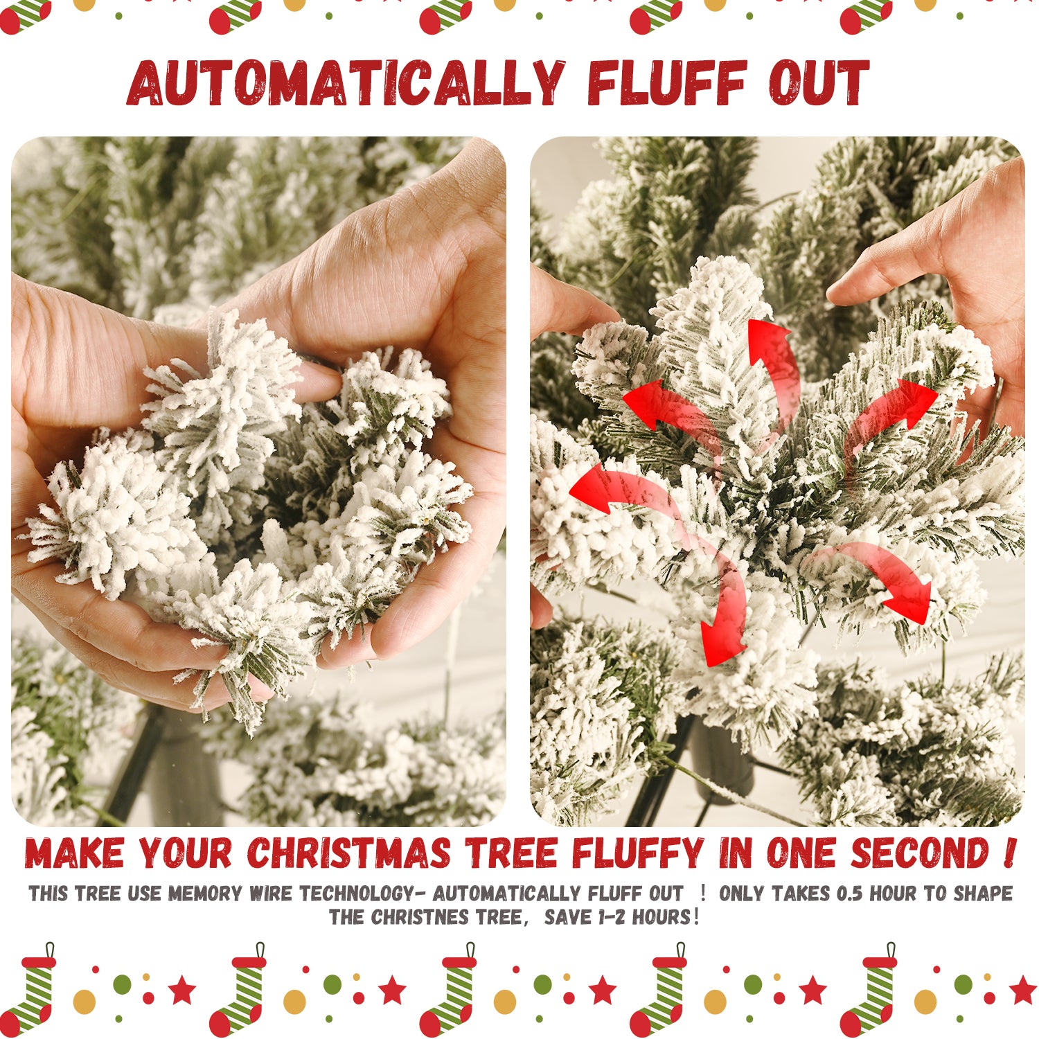 7.5Ft Pe Pvc Pine Mixed Christmas Tree With Colorful Warm Light 10 Function Led, Memory Wire & Easy Power Technology Green,White Polyethylene