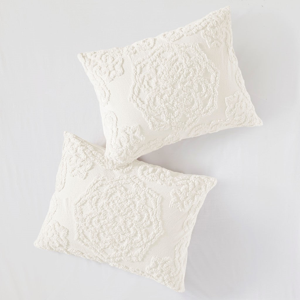Tufted Cotton Chenille Medallion Fringe Coverlet Mini Set Off White King Cal King King Off White Cotton