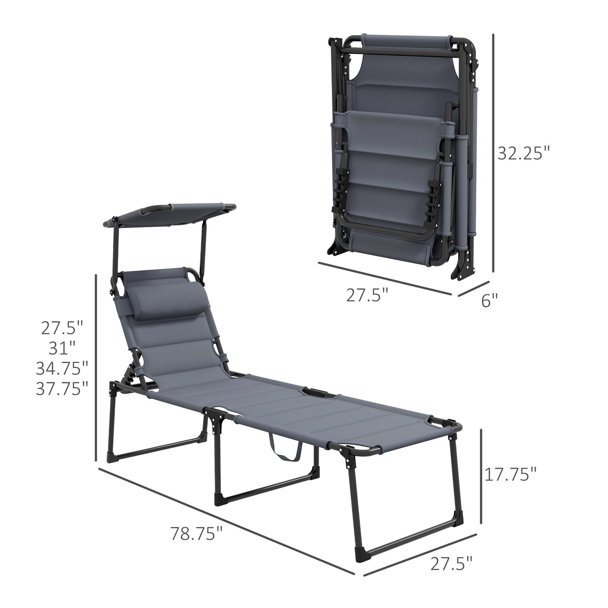 Outsunny Outdoor Lounge Chair, Adjustable Backrest Folding Chaise Lounge, Cushioned Tanning Chair W Sunshade Roof & Pillow Headrest For Beach, Camping, Hiking, Gray Grey Steel
