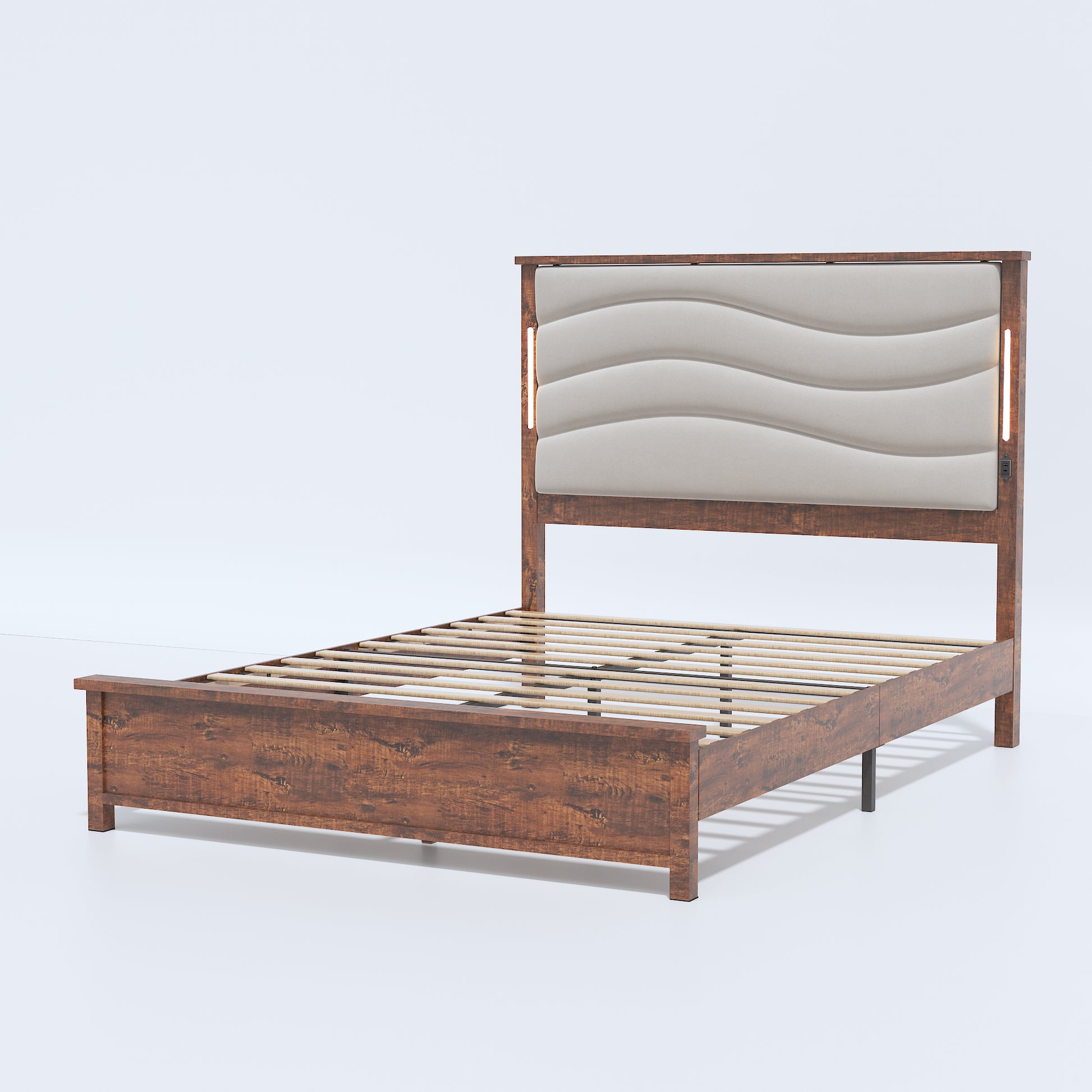 Queen Size Bed Frame With Upholstered Headboard, Queen Bed Frame With Charging Station And Led Lights, Wood Slats, Beige Linen, No Box Spring Needed, Easy Assembly Box Spring Not Required Queen Beige Wood Bedroom Bed Frame Linen Mdf Metal
