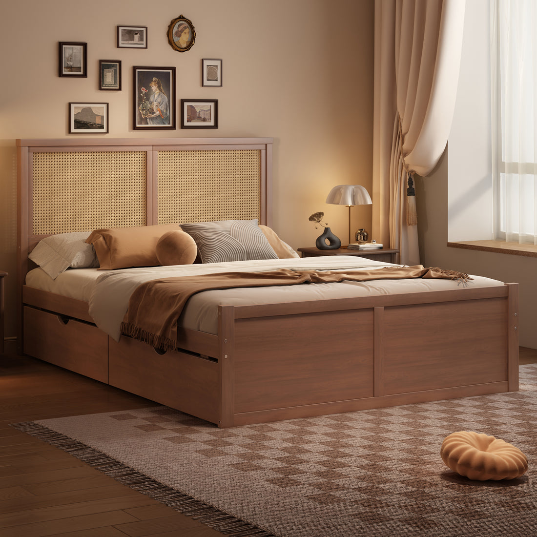 Queen Size Wood Storage Platform Bed With 4 Drawers, Rattan Headboard, Espresso Box Spring Not Required Queen Antique Espresso Wood Bedroom Bed Frame Wood Rattan