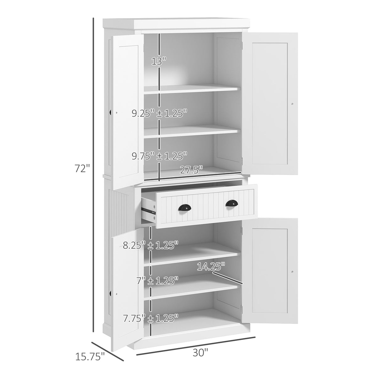 Homcom 72" Kitchen Pantry, Tall Storage Cabinet, Freestanding Cupboard With Drawer, Doors And Adjustable Shelves, White White Mdf