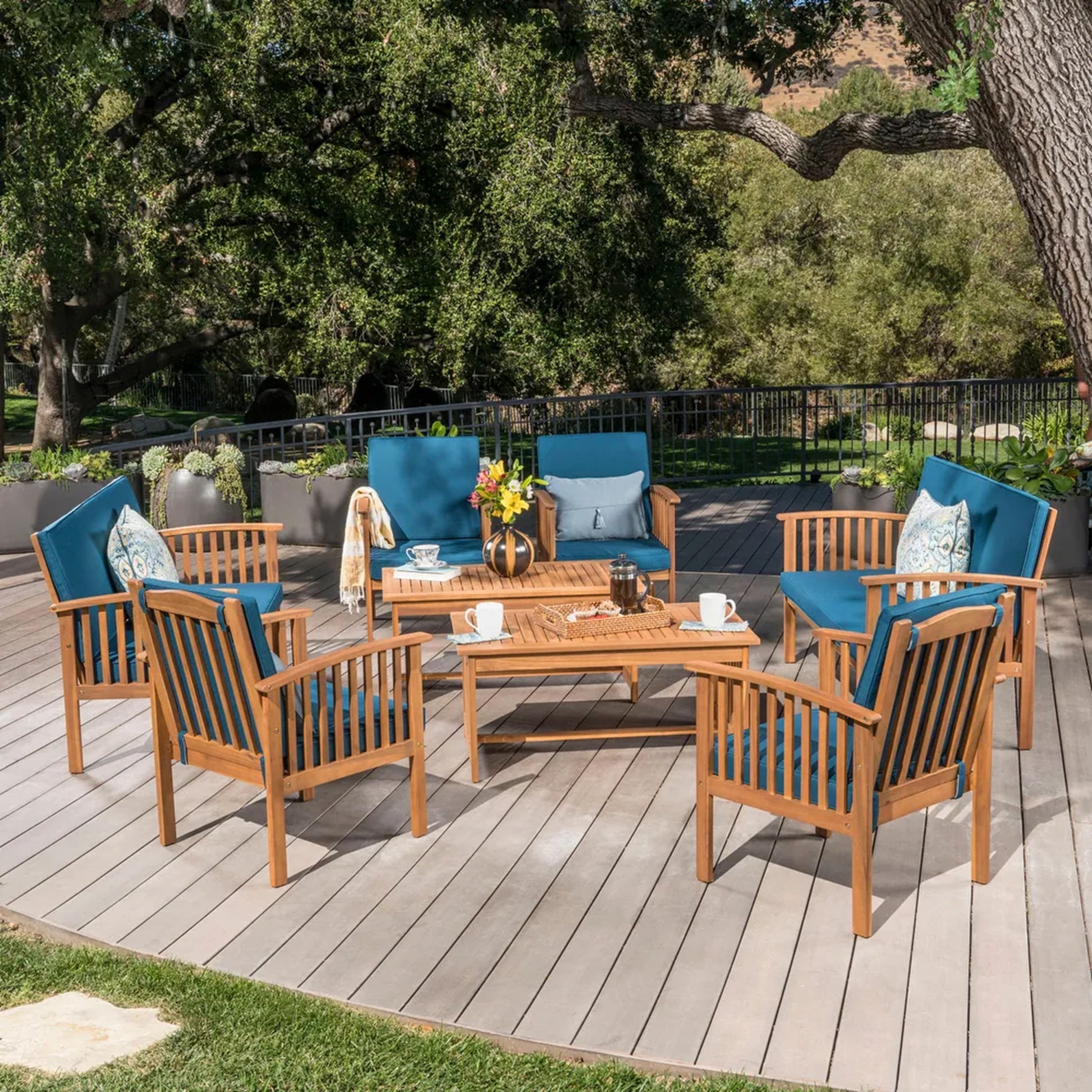 Outdoor Acacia Wood Sofa Set With Water Resistant Cushions, 8 Pcs Set, Brown Patina Teal Blue Yes Teal Blue Seats 8 Garden & Outdoor Sofa Seating Groups Foam Acacia Wood