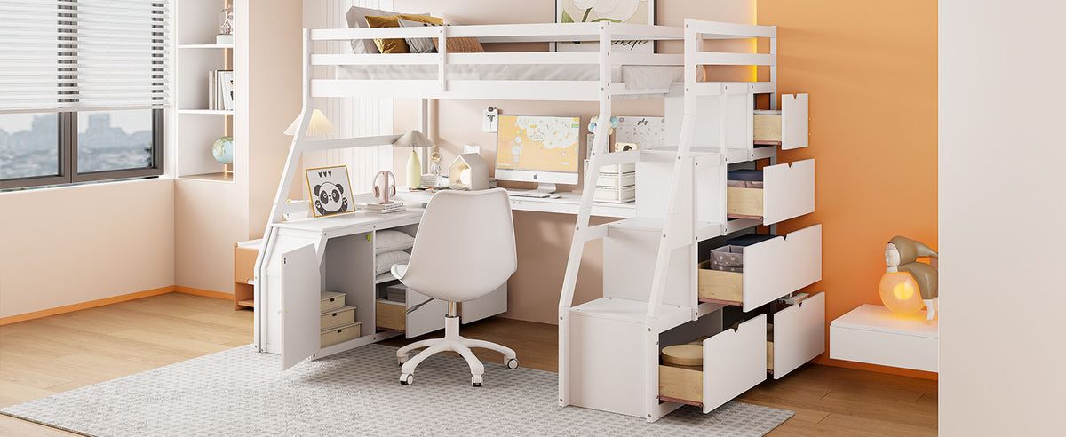 Full Size Loft Bed With 7 Drawers 2 Shelves And Desk White Full White Plywood