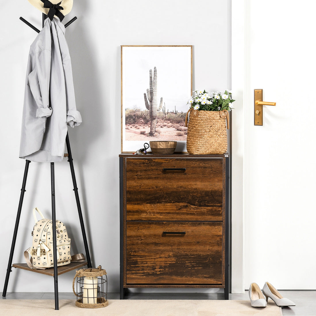 Homcom Industrial Shoe Cabinet With 2 Flip Drawers, Freestanding Shoe Storage Cabinet For 12 Pairs, Narrow Slim Shoe Rack For Entryway, Hallway, Rustic Brown Rustic Brown Particle Board
