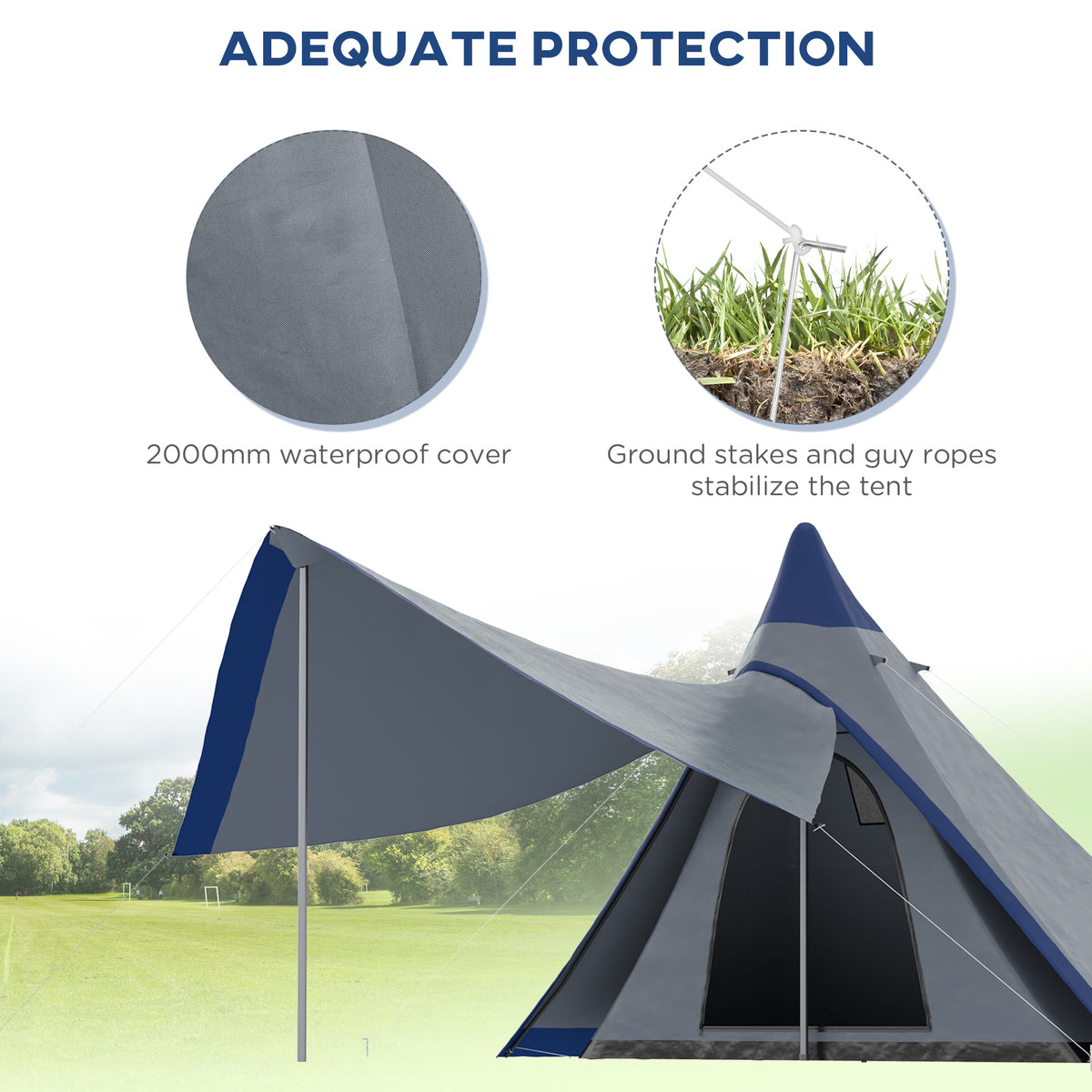 Outsunny 15.4'X15.4'X8.5' Teepee Tent, Waterproof Camping Tent With Porch Area, Floor And Carry Bag, For 2 3 Person Outdoor Backpacking Camping Hiking, Blue Blue Aluminum