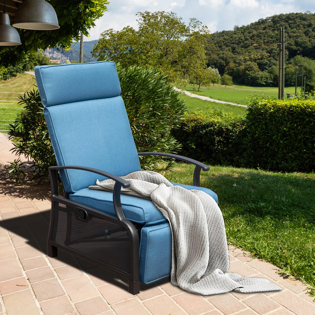 Adjustable Patio Recliner Chair Metal Outdoor Lounge Chair With Flip Table Push Back, Adjustable Angle, 6.8'' Removable Cushions, Support 350Lbs, Navy Blue Yes Blue Garden & Outdoor Metal