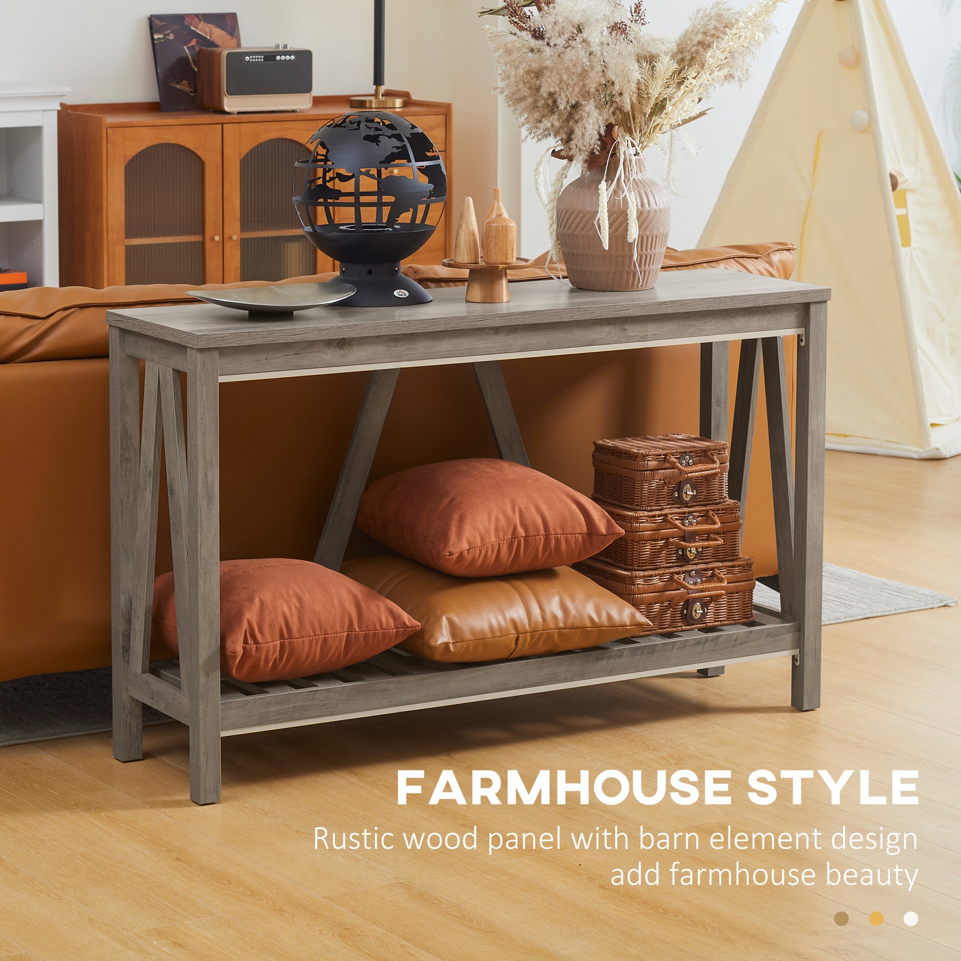 Homcom Console Table, Farmhouse Entryway Table With Storage Slatted Shelf, Rustic Sofa Table With Anti Tipper For Living Room, Hallway, Gray Gray Particle Board
