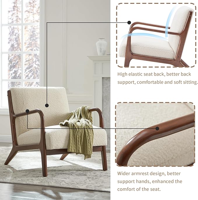 Accent Chair Living Room Chair Lambswool Accent Chair With Arms Chairs For Bedroom,Office,Apartment,Chairs Reading White Wood