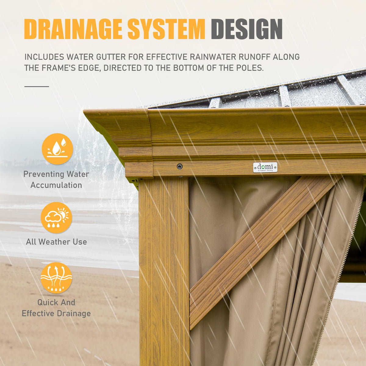 Outdoor Living 14X20Ft Hardtop Gazebo, Permanent Metal Gazebo With Galvanized Steel Double Roof And Aluminum Frame, Curtain And Netting, Large Pavilion Gazebo, Wood Looking Yellow Brown Aluminium