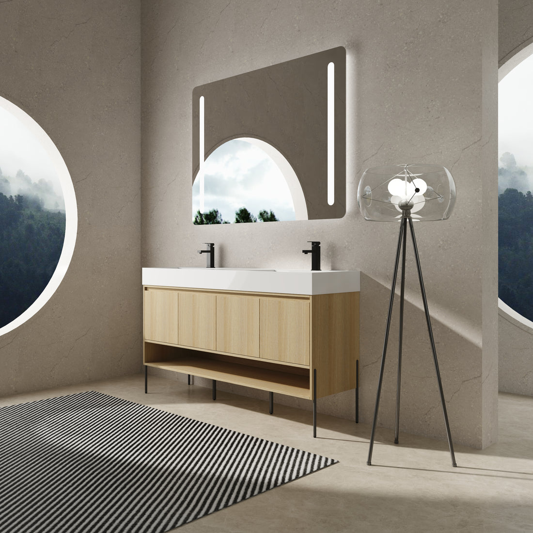 60" Bathroom Vanity Combo W Single Ceramic Sink, Modern Storage Cabinet Set 2 Door, Multilayer Solid Wood, Oak Oak Bathroom American Design Engineered Wood