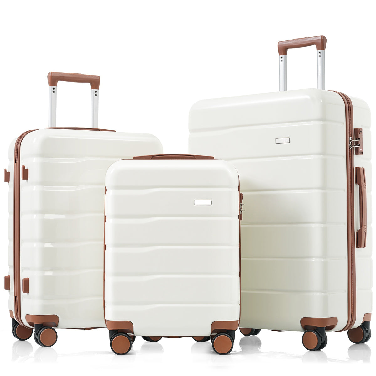 Premium Abs Travel Luggage Set3 Piece Tsa Lock Suitcase Group With 20, 24, And 28 Inch Sizes With 360 Spinner Wheels, White Beige Brown Abs