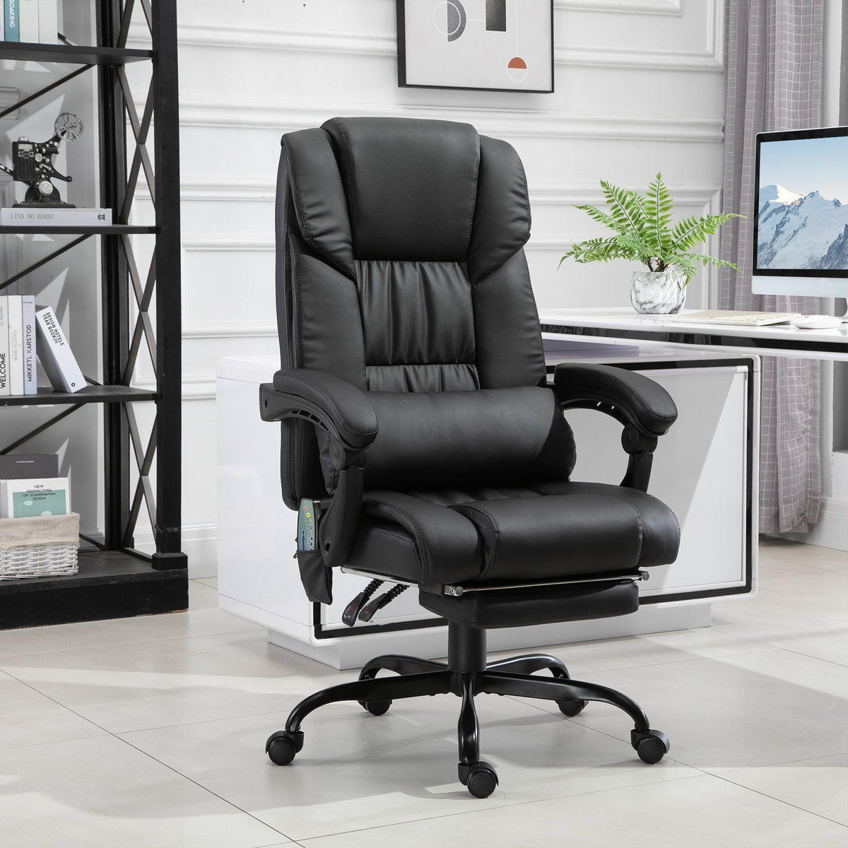 Vinsetto High Back Massage Office Chair With 6 Vibration Points, Pu Leather Reclining Computer Chair, Ergonomic Office Chair With Footrest Adjustable Height And Remote, Black Black Faux Leather