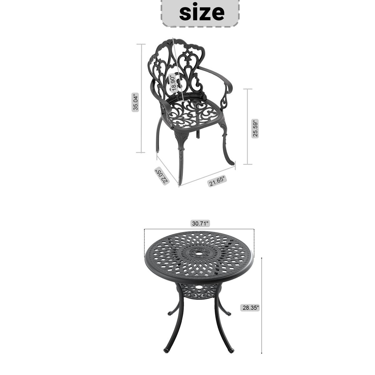 Cushions In Random Colors 3 Piece Set Of Cast Aluminum Patio Furniture With Cushions Yes Dining Set Black Seats 2 Rust Resistant Frame Water Resistant Cushion Garden & Outdoor Complete Patio Sets Aluminium