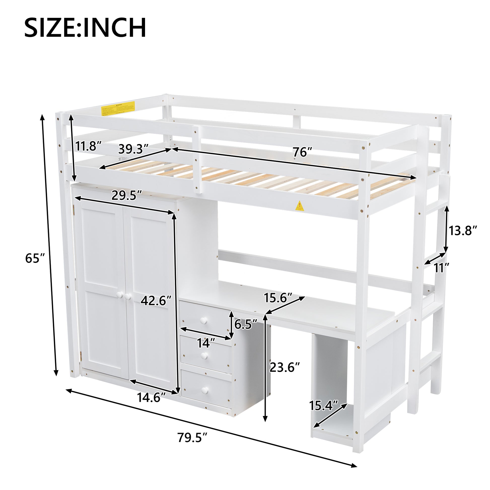 Twin Size Loft Bed With Wardrobe, Desk And Storage Drawers, White Twin White Pine