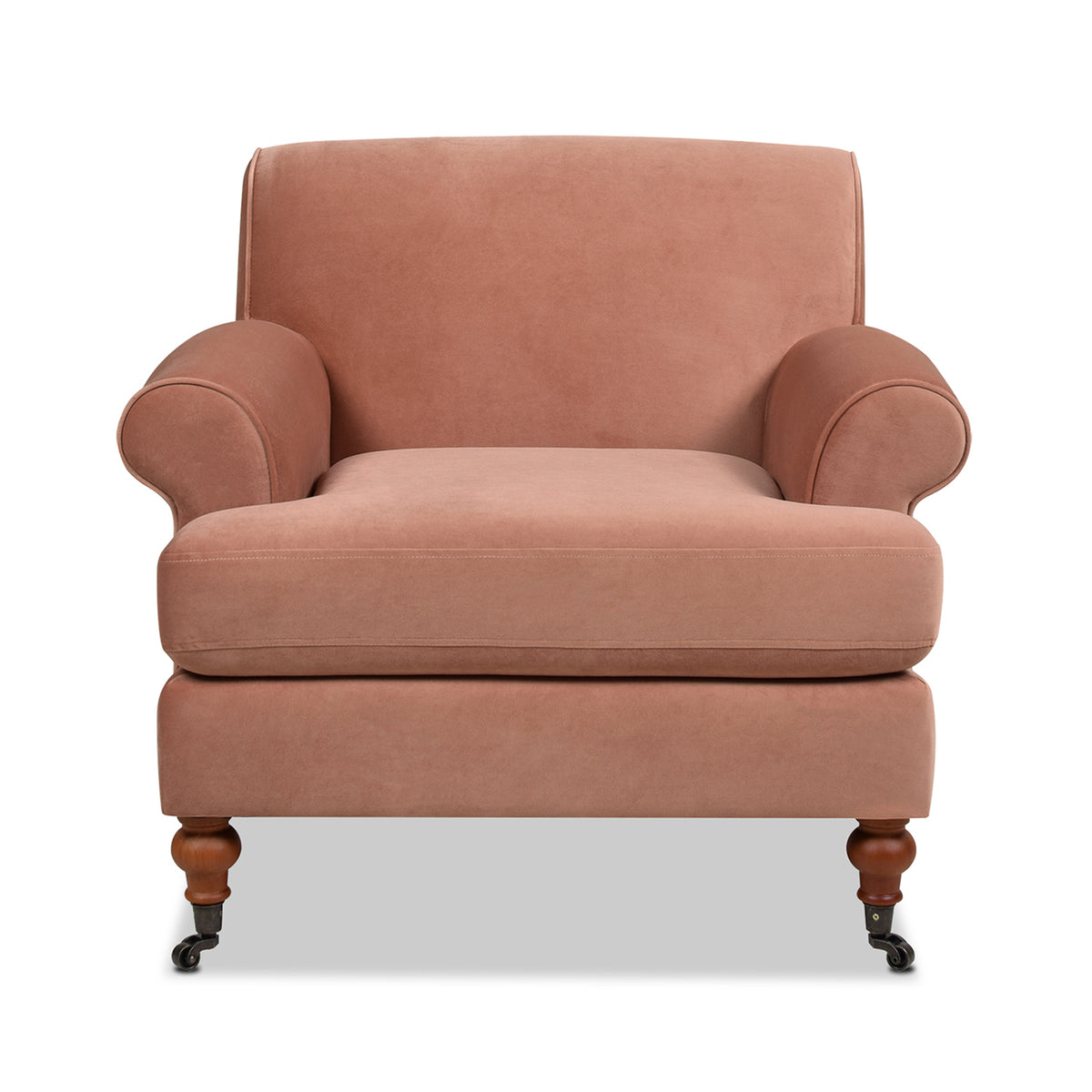 Alana 38" Lawson Accent Arm Chair Metal Casters, Peach Orange Velvet Orange Foam Velvet