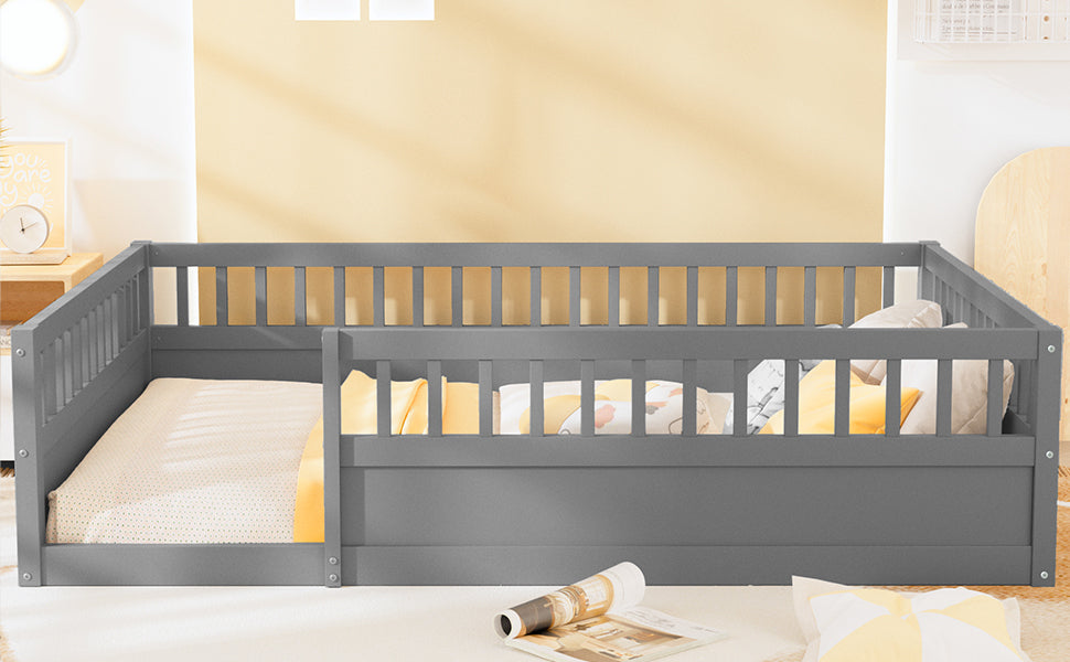 Full Floor Bed Frame With Fence, Wood Kids Floor Beds Frame For Bedroom Playroom,Gray Expect Arrive Date Jul. 10Th Full Grey Pine